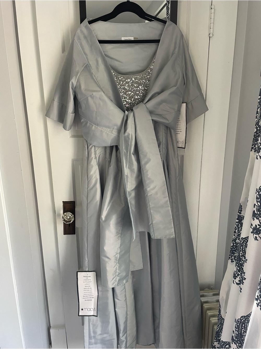 NWT Calvin Klein Silver Sequin Bodice Formal Gown with Tie-Front Jacket